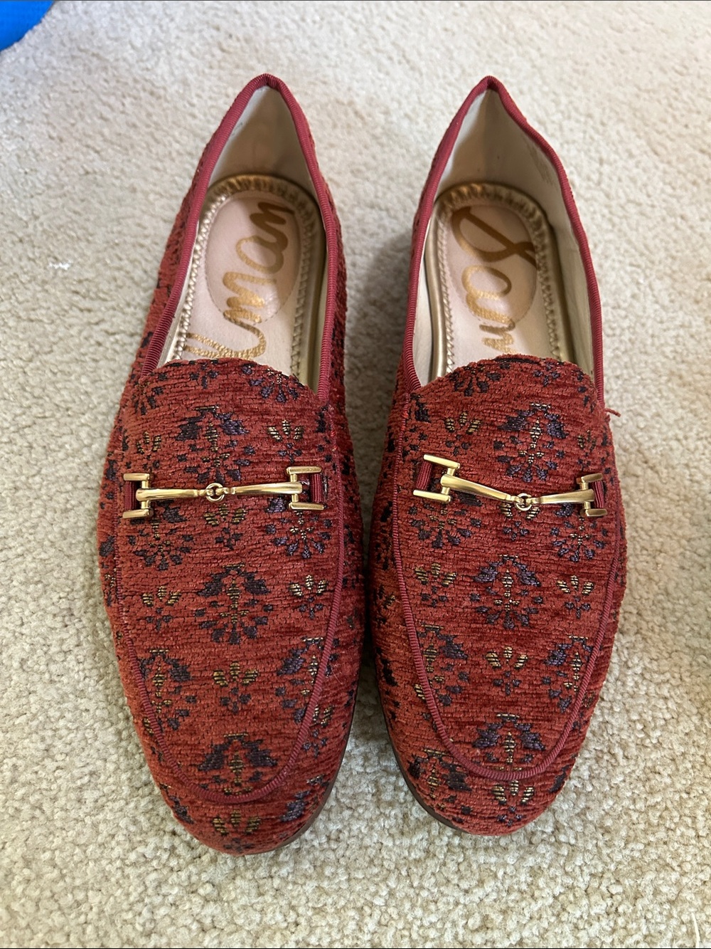 Sam Edelman Rust Red Patterned Slip-On Loafers with Gold Bit